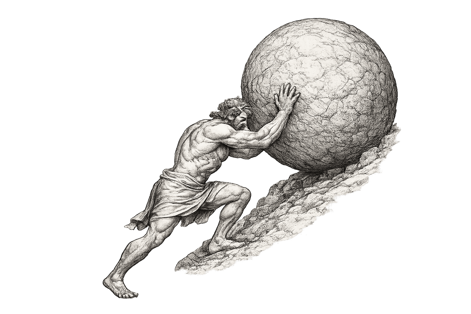 Sisyphus pushing the boulder up the slope — classical etching
